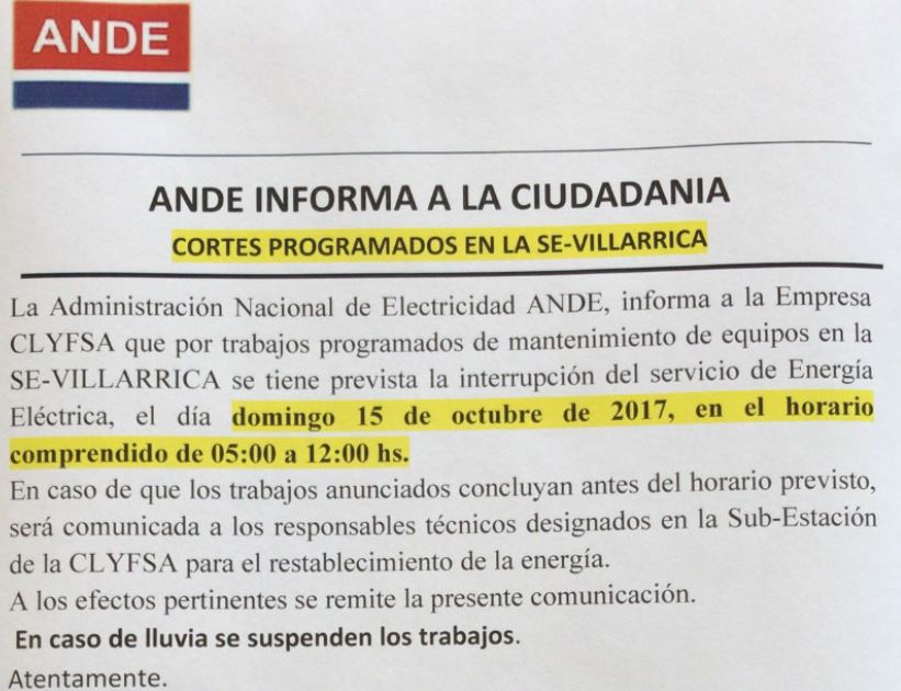 Villarrica estará sin electricidad el domingo por la mañana
