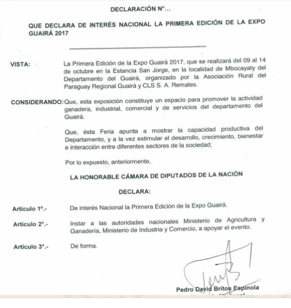 Cámara de Diputados declaró de Interés Nacional la Primera Expo Guairá