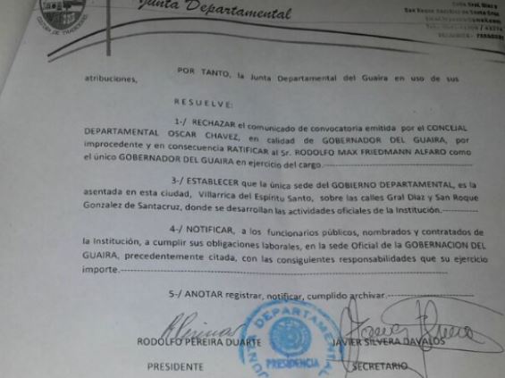 En sesión extraordinaria la Junta Departamental rechazó comunicado de Oscar Chávez y confirma a Friedmann como gobernador