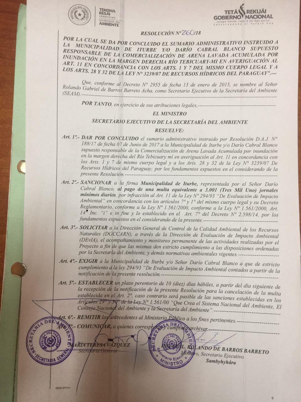 Seam multará a la Municipalidad de Iturbe por extracción de arena