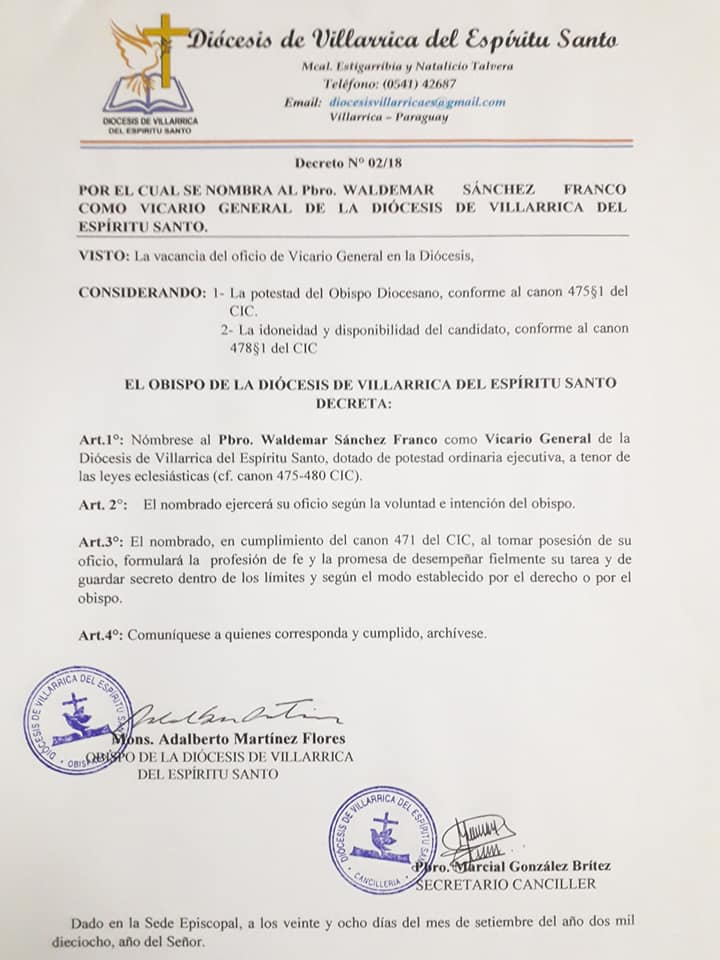 Presbítero Waldemar Sánchez fue nombrado Vicario General de la Diócesis de Villarrica