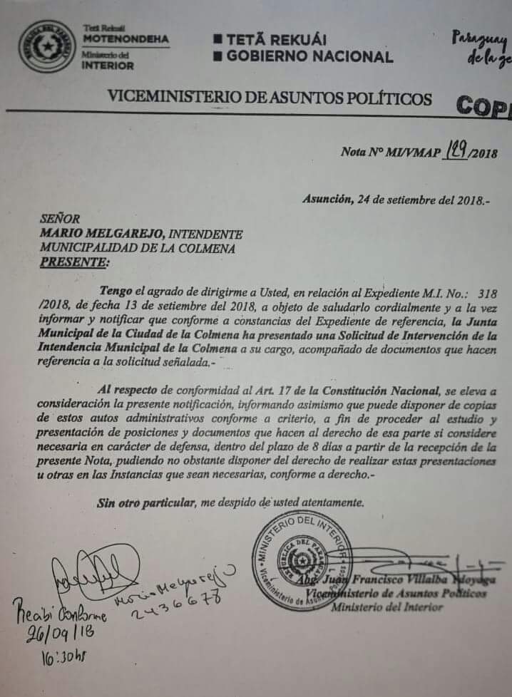 Ministerio del Interior notifica al intendente de La Colmena para que presente documentos