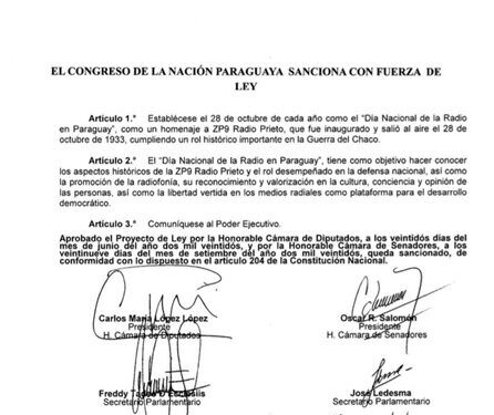 Congreso Nacional establece cada 28 de Octubre como «Día Nacional de la Radio en Paraguay».