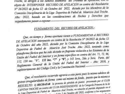Capitán Troche protestó por supuesta irregular incorporación de dos jugadores de Independiente en Liga de Fútbol de Mauricio José Troche.