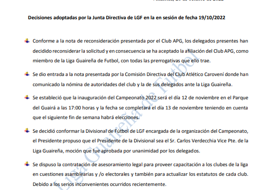 Comunicado de las resoluciones a las que se llegaron durante la reunión que mantuvieron los dirigentes de la Liga Guaireña de Fútbol.